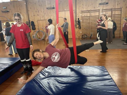 Catherine on the silks at circus school